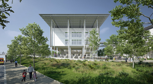 A rendering of the SNF University Pediatric Hospital of Thessaloniki building with a prominent canopy roof set among trees