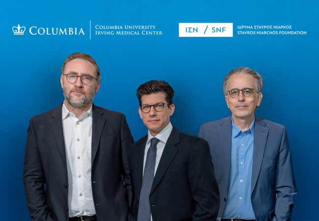 Three men pose over a blue background with the SNF and Columbia Medical Center logos superimposed