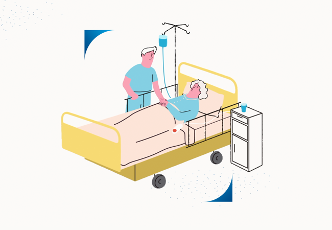 An illustration of a person in a hospital bed holding the hand of a persona standing next to them